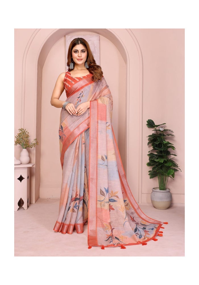 Malishka Export Linen Cotton Grey Saree for Women - Image 1